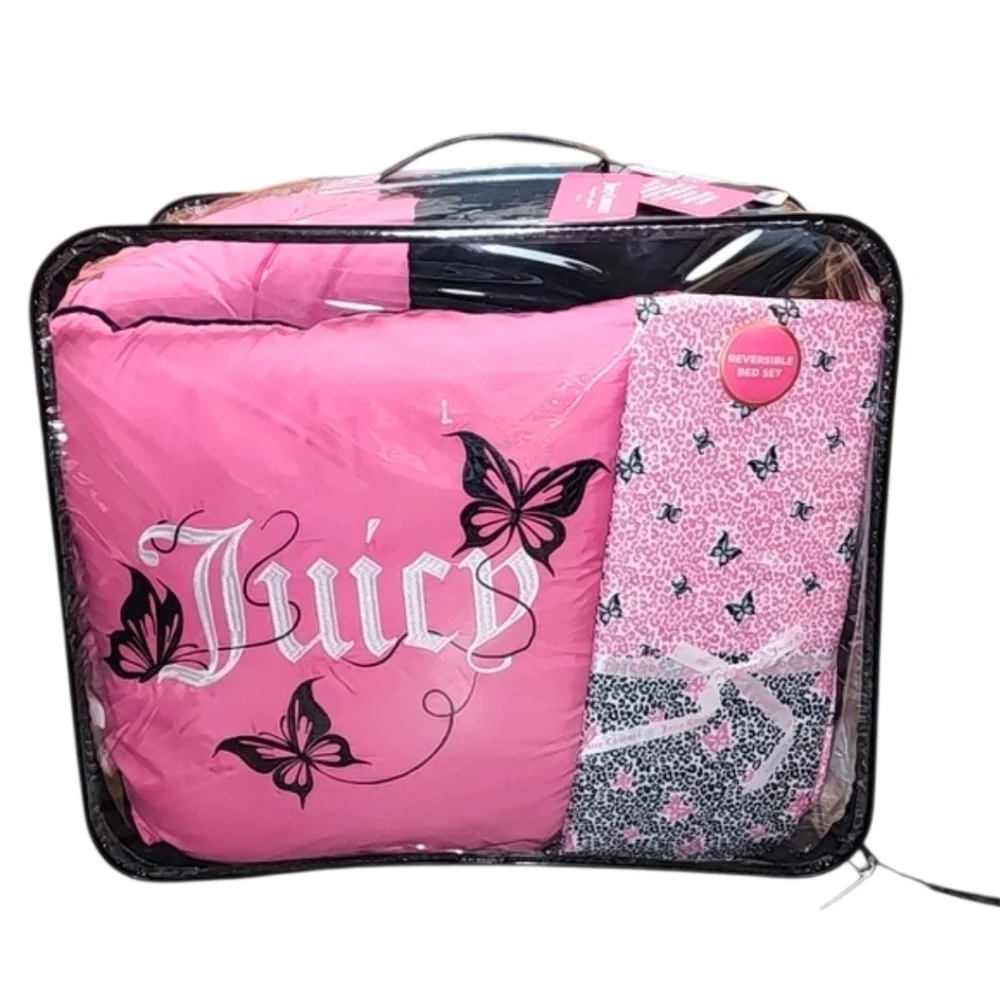 Juicy Couture 6 Piece Reversible Comforter Bed Set Pink & Black / Leopard - New